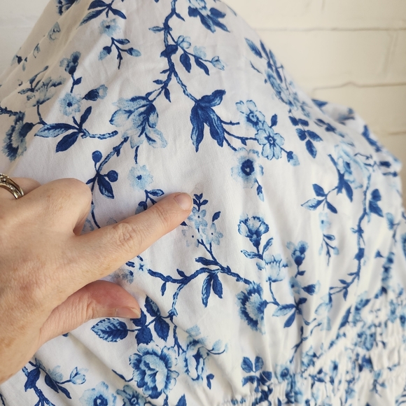 French Connection Blue White Floral Maxi Dress Tiered Long Cotton Pockets Sz L - Picture 8 of 9